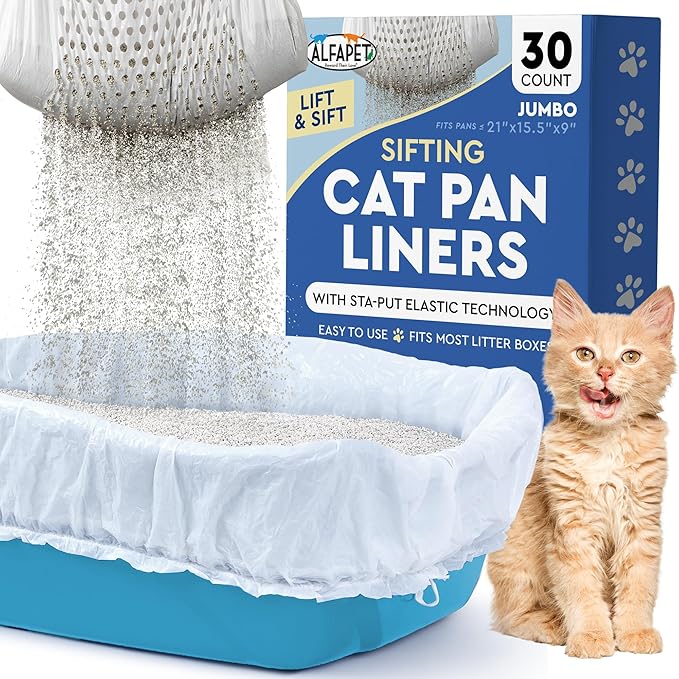 Alfapet Sifting Cat Litter Box Liners - Jumbo 30 Count, Tear-Resistant Cat Litter Bags, Waterproof Kitty Litter Liners, Fits Litterbox Pan Sizes X-Large, X-Giant, 37" x 18" 30 lb Capacity-Mewly Pet