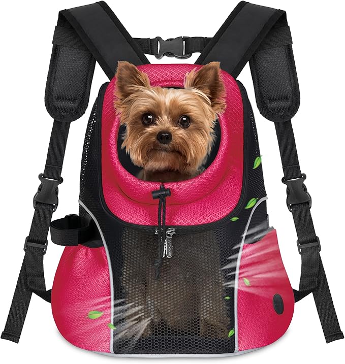WOYYHO Pet Dog Carrier Backpack Small Dog Front Backpack Ventilated Mesh Dog Travel Back Pack with Safety Belt for Travel Hiking Cycling Outdoor Use (M (5-9 lbs), Rethink Pink)-Mewly Pet