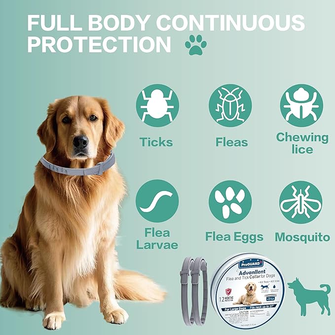 Flea Collar for Dogs, Flea and Tick Prevention for Dogs Collar, Dog Flea and Tick Treatment, 2 Collars, 12 Months Prevention, One Size Fits All-Mewly Pet