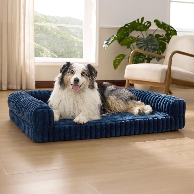 Bedsure Orthopedic Dog Beds for Extra Large Dogs, Waterproof Memory Foam XL Pet Bed with Sides, Non-Slip and Egg-Crate Foam Big Dog Couch Sofa with Washable Removable Corduroy Cover, Blue-Mewly Pet