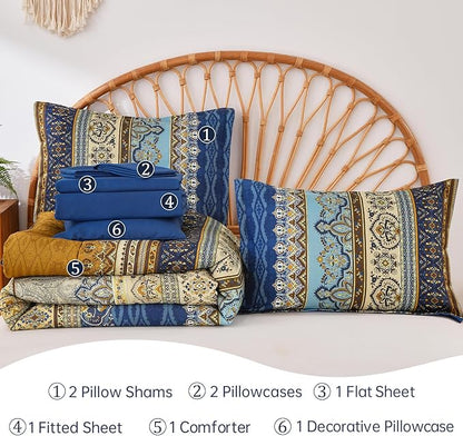 Cottolester Boho Comforter Set California King Size 8 Pieces,Brown Blue Bohemian Comforter Paisley Striped Bed in A Bag,Soft Microfiber Bedding Set for All Season