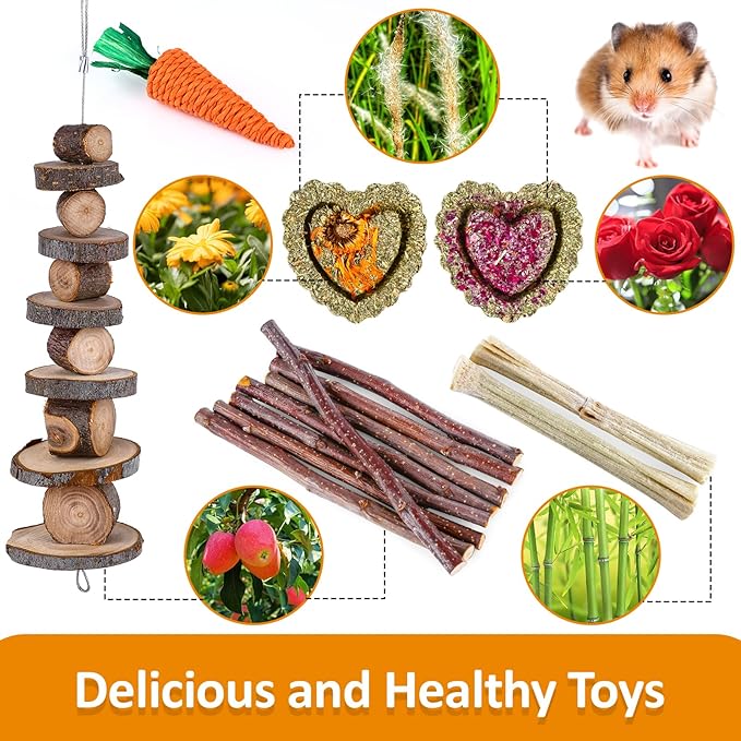 VESPRO Hamster Toys Set, Guinea Pig Toys Small Animal Chewing Toy and Rat Cage Accessories, Chinchillas, Gerbils, Rats, Rabbit Rodents Teeth Care, Apple Wood Timothy Hay Mouse Toy Swing Seesaw Bridge-Mewly Pet