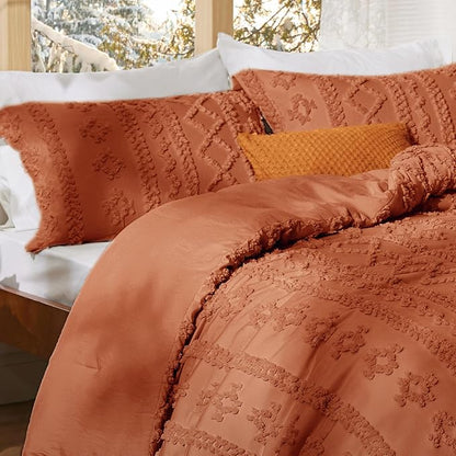 Bedsure Tufted Boho Comforter Set Twin Size - Terracotta Boho Bed Set, GentleSoft™ 2 Pieces Farmhouse Shabby Chic Embroidery Bedding, Gifts for Woman, Soft Jacquard Twin Comforter for All Seasons