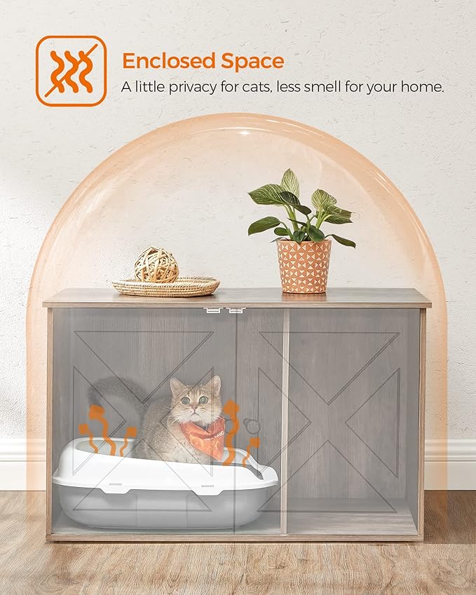 Feandrea Cat Litter Box Enclosure, Litter Box Furniture Hidden with Removable Divider, Indoor Cat House, End Table, 31.5 x 20.9 x 19.7 Inches, Greige UPCL002G01-Mewly Pet