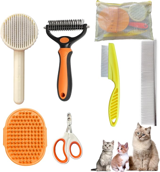 Cat Grooming Brush Kit 6 Tools - Deshedding & Dematting for Long/Short Hair, Self-Cleaning Slicker Brush with 6-in-1 Flea Comb for Cats & Kittens (Orange)-Mewly Pet