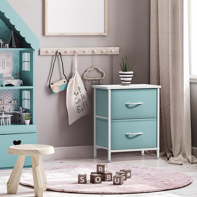 Sorbus Nightstand with 2 Drawers - Kids Bedside Furniture End Table Night Stand - Steel Frame, Wood Top & Easy Pull Fabric Bins - Dresser & Chest for Home, Bedroom Accessories, Office & Dorm (2 Pack)