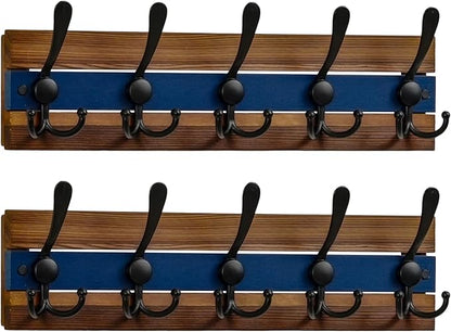 SKOLOO Rustic Wall Mounted Coat Rack - 17" Long Coat Hooks for Wall with 5 Triple Hooks for Hanging Coats, Hats or Tools, Western National Parks Collection, Wood Brown & Blue, Pack of 2