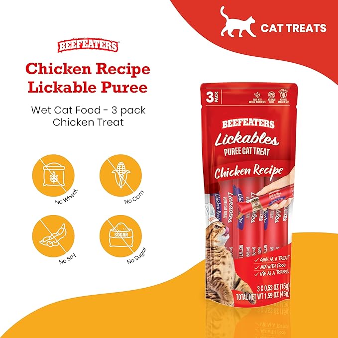 Beefeaters Cat Treats Lickable Puree 1.59oz (12-Pack) – Chicken, Grain-Free, Taurine-Enriched, Ideal for Training & Interactive Feeding-Mewly Pet
