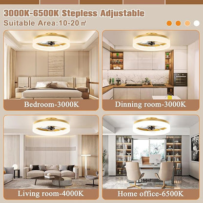 VOLISUN Low Profile Ceiling Fans with Lights and Remote,15.7in Modern Ceiling Fan Flush Mount, 3000K-6500K Dimmable Bladeless LED Fan Light,Gold Fandelier Ceiling Fans with Lights for Bedroom