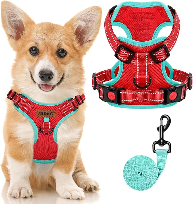 MIDOG No-Pull Dog Harness | Adjustable & Reflective Pet Harness Leash Set for Small Medium Large Dogs Walking, Training| No Choke, Front Clip, Soft Padded Vest with Easy Control Handle - Red, S-Mewly Pet