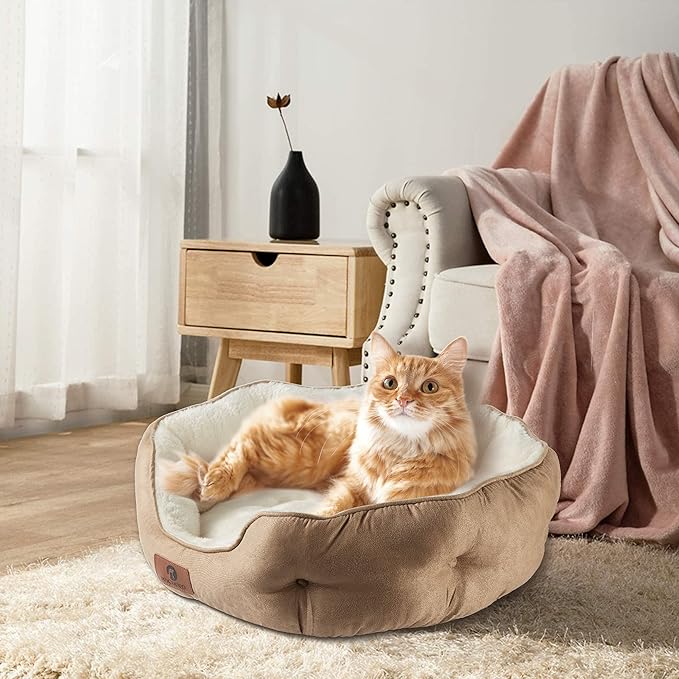 Asvin Small Dog Bed for Small Dogs, Cat Beds for Indoor Cats, Pet Bed for Puppy and Kitty, Extra Soft & Machine Washable with Anti-Slip & Water-Resistant Oxford Bottom, Light Brown, 20 inches-Mewly Pet