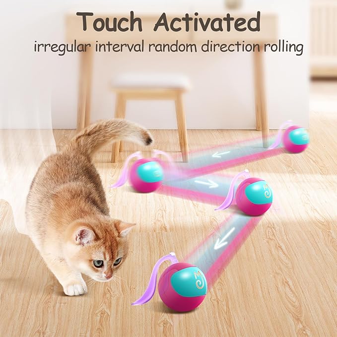 Migipaws Interactive Cat Ball Toy Set, Fun Tracker, Glowing Chase Ball with MystiChaser Pouch, Fluffy Tail, Small Mouse – Cat Toys for Bored Indoor Cats(Rose)-Mewly Pet