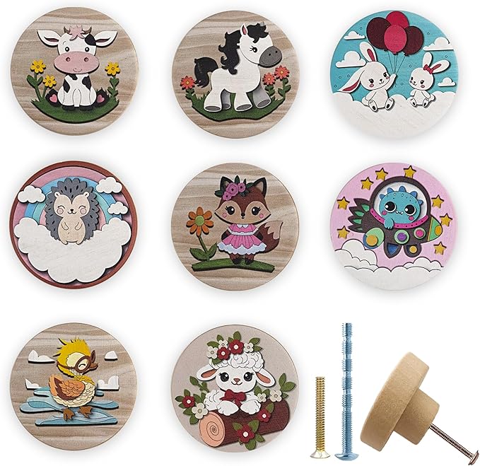 JamJam Set of 8 1.8" Wooden Flower Farm Animals Knobs Kids Nursery Room Unique Cabinet Decorative Dresser Drawer Knobs and Pulls Wood Rabbit Knob