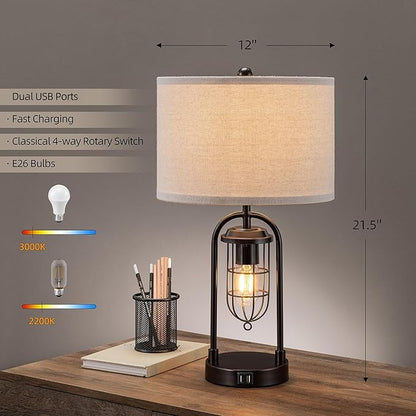KAWOTI Set of 2 Farmhouse Table Lamps with USB Ports and Night Light Modern Nightstand Lamp for Living Room Bedroom（Bulbs Included）