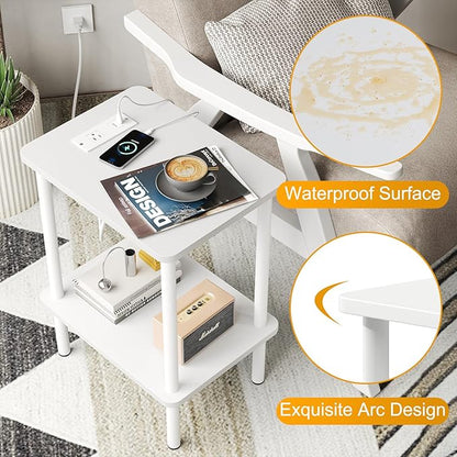 Apicizon 2 Tier End Table Set of 2, Small Side Table with Charging Station, Boho Bedside Table with USB Ports and Outlets, Nightstand for Small Spaces, Bedroom, Living Room, Easy Assembly, White