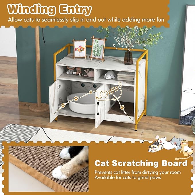 Tangkula Litter Box Enclosure, Modern Cat Litter Box Furniture with Metal Frame, Scratching Board, Storage Compartment, Hidden Cat Washroom (Marble White)-Mewly Pet