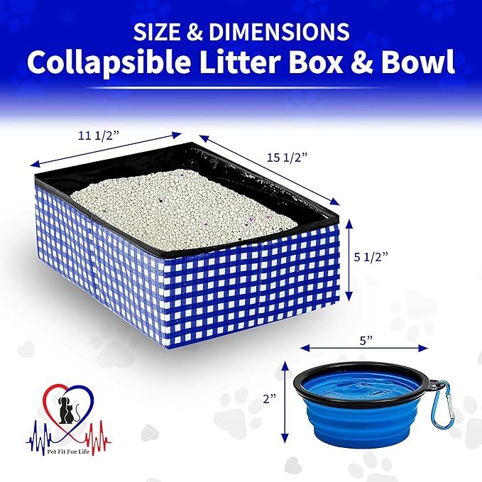 Pet Fit For Life - Vibrant Collapsible Travel Cat Litter Box - Portable, Foldable, Compact Design with Bonus Water Bowl - Ideal for Car & Camping - Reusable, Cats Safe - Blue, (16"x12"x5")-Mewly Pet