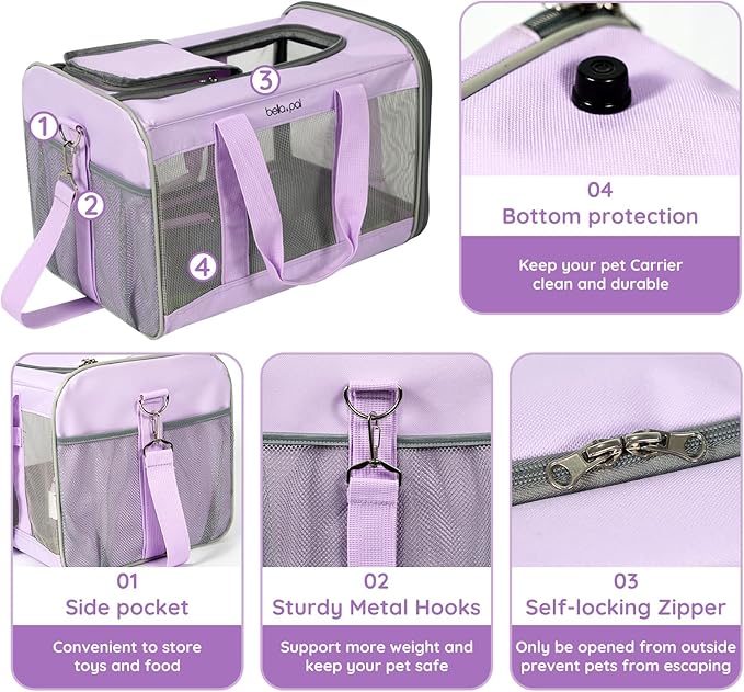 BELLA & PAL Cat Carrier Travel Bag, Airline Approved Lightweight Cat Carrier, Soft Sided Pet Carrier for Puppy Dogs Up to 18lbs, Collapsible Kitten Bag with Removable Waterproof Mat, Ventilated Mesh-Mewly Pet