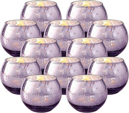 Volens Round Purple Votive Candle Holders Set of 12, Purple Wedding Centerpiece Table Decorations, Mercury Glass Tealight Candle Holder for Bridal Shower, Baby Shower & Home Decor