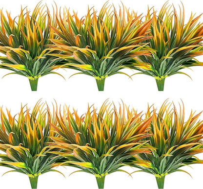 16 Pcs Outdoor Fake Plants UV Resistant Artificial Tall Grass Plants Faux Tropical Flowers Bushes Fall Winter Summer Planters Yard Patio Front Porch Décor Plastic Greenery Shrubs Decoration