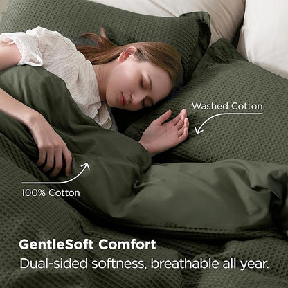 Bedsure 100% Cotton Duvet Cover Queen Size with Fitted Sheet - 4 Pieces Olive Green Waffle Weave Bedding Set, GentleSoft™ and Breathable, Includes 1 Duvet Cover 90x90, 1 Fitted Sheet, 2 Pillow Shams