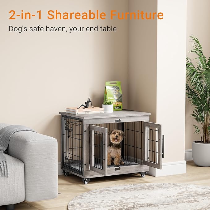 Lulive Small Dog Crate Furniture Set of 2, Dog Kennel Indoor Double Doors Wooden Dog Cage, 27'' Heavy Duty Dog Crate with Cushion & Wheels, End Table Pet House Chew-Resistant Up to 30 lb, Grey-Mewly Pet