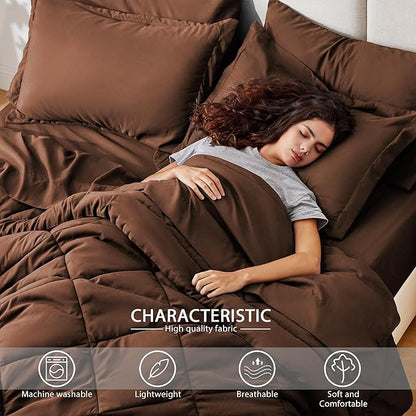 Love's cabin California King Comforter Set Brown, 7 Pieces California King Bed in a Bag, All Season Bedding Sets with 1 Comforter, 1 Flat Sheet, 1 Fitted Sheet, 2 Pillowcase and 2 Pillow Sham