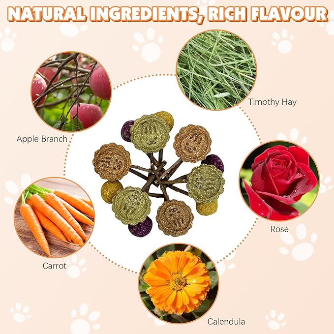 Fhiny Rabbit Chew Toys, 15 PCS Natural Bunny Lollipop Chew Sticks Handmade Guinea Pig Molar Treats for Teeth Small Animals Snacks for Guinea Pig Bunny Chinchilla Hamster Gerbil Teeth Care-Mewly Pet