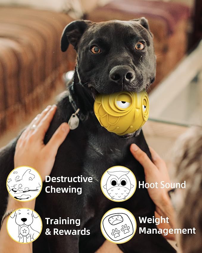 Giggle Ball for Dogs Owl Toys for Puppy Interactive Dog Toy Medium Large Dogs Natural Rubber Cute Hoot Fun Gift for Dog (Yellow Owl)-Mewly Pet