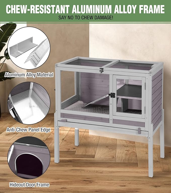 GUTINNEEN Guinea Pig Cage Rabbit Cage Indoor with Chew-Proof Edges, Clean Deep Tray, Leakproof PVC Layer, Small Animals Cage with Adjustable Legs - Grey-Mewly Pet