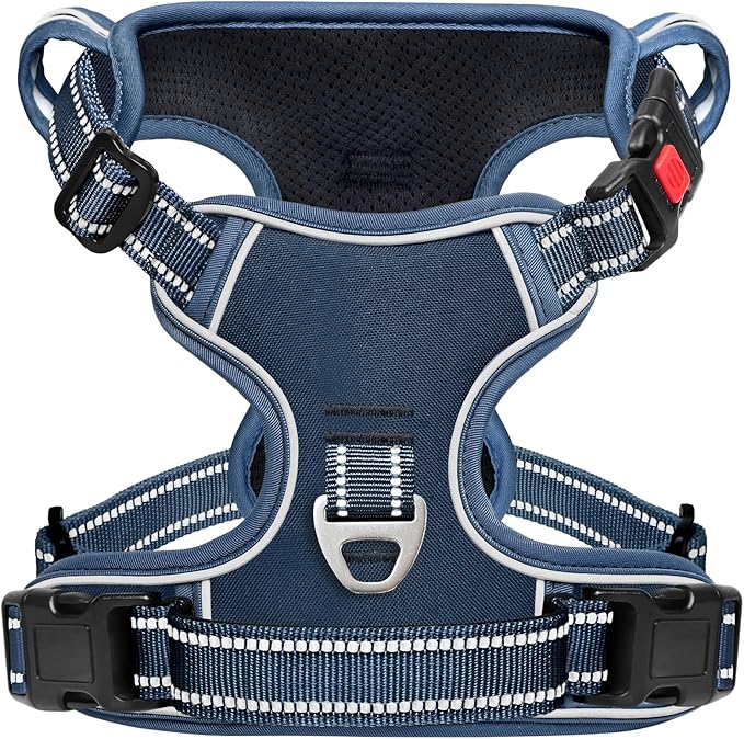 Timos Dog Harness Medium Sized, No Pull Pet Harness with Neck Lockable Snap,No Choke Front Clip Dog Reflective Vest,Adjustable Metal Rings 3 Buckles,Easy Control Handle for Medium Dogs Royal Blue M-Mewly Pet