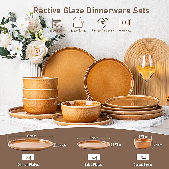 GBHOME Ceramic Dinnerware Sets for 4, 12 Pieces Stoneware Plates and Bowls Sets, Scratch Resistant Dishes, Dishwasher & Microwave Safe, Reactive Glaze-Amber-Mewly Pet
