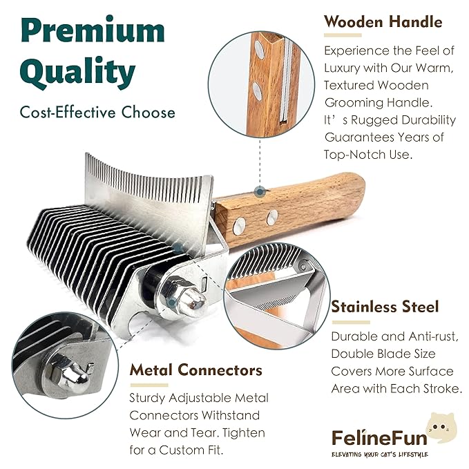 FelineFun Cat Brush for Dematting & Deshedding, 2 in 1 Undercoat Rake, Efficiently Remove Loose Hair & Matted Fur, Professional Shedding Comb for Indoor Cats & Long Haired Cats-Mewly Pet