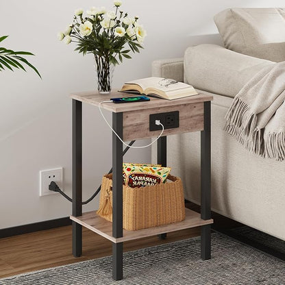 VIMBER Set of 2 End Table with Charging Station, Narrow Side Table with USB Ports and Outlets, Nightstands with 2-Tier Storage Shelves, Sofa Table for Small Space Living Room Bedroom, Greige