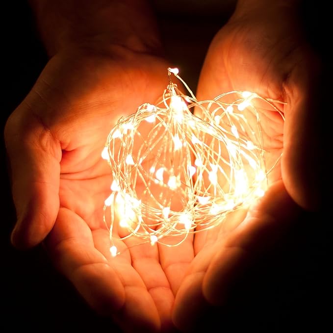 100 LED String Lights, 32 Feet, Silver Wire, Warm White, Plug-in, Indoor-Outdoor, 5V DC Transformer
