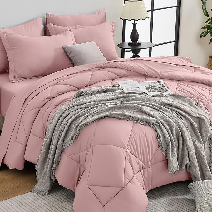 HEVUMYI Rose Gold Cali-King Comforter Set - 7-Piece All Season Bed in a Bag Cali-King, Ultra Soft Bedding Set with Comforter, Flat Sheet, Fitted Sheet, Pillowcases, Pillow Shams