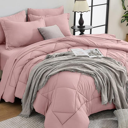 HEVUMYI Rose Gold Full Comforter Set - 7-Piece All Season Bed in a Bag Full, Ultra Soft Bedding Set with Comforter, Flat Sheet, Fitted Sheet, Pillowcases, Pillow Shams