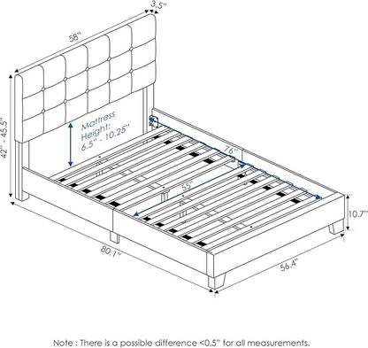 Furinno Laval Button Tufted Upholstered Platform Bed Frame, Full, Glacier