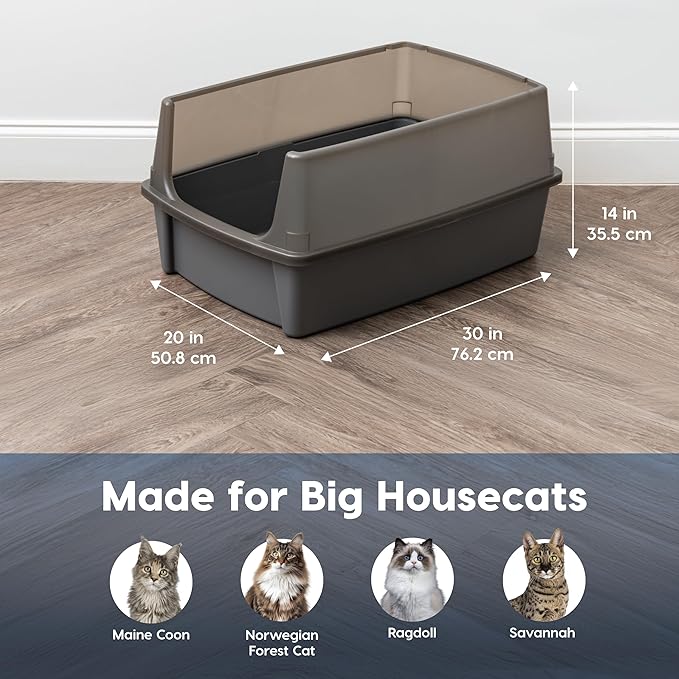 IRIS USA XX-Large Cat Litter Box, Open Top Extra Large Litter Box for Big Cats and Multi-Cat Households, High Sided Scatter Shield, Easy to Clean, 30" L x 20" W x 14" H, Gray-Mewly Pet