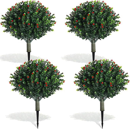 XunYee 4 Pcs 20" Artificial Topiary Ball Trees, Outdoor Artificial Shrubs Faux Bushes UV Resistance Greenery Fake Plants Tree with Ground Spike for Garden Porch Patio Indoor Decoration (Red Berries)
