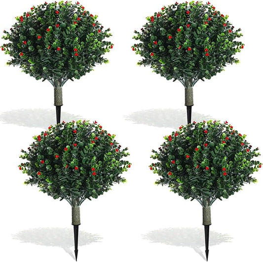 XunYee 4 Pcs 20" Artificial Topiary Ball Trees, Outdoor Artificial Shrubs Faux Bushes UV Resistance Greenery Fake Plants Tree with Ground Spike for Garden Porch Patio Indoor Decoration (Red Berries)