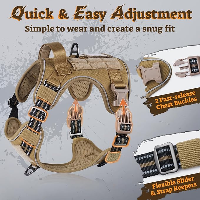 rabbitgoo Dog Harness Medium Sized No Pull, Tactical Service Pet Vest with Molle and Control Handle, Adjustable and Reflective Military Harness for Easy Walking and Training, Brown, M-Mewly Pet