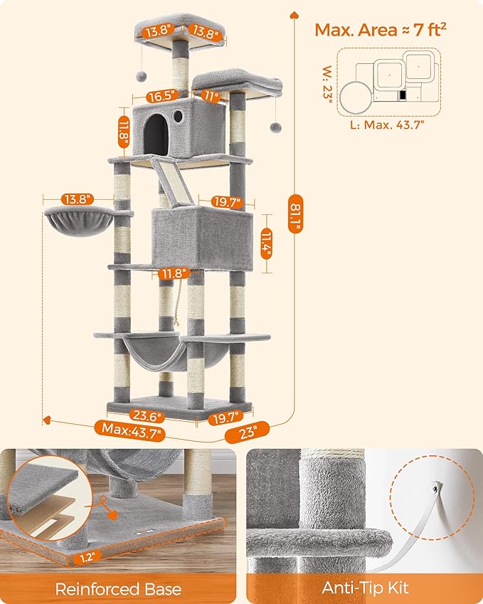 Feandrea Cat Tree, 81.1-Inch Large Cat Tower with 13 Scratching Posts, 2 Perches, 2 Caves, Basket, Hammock, Pompoms, Multi-Level Plush Cat Condo for Indoor Cats, Light Gray UPCT190W01-Mewly Pet