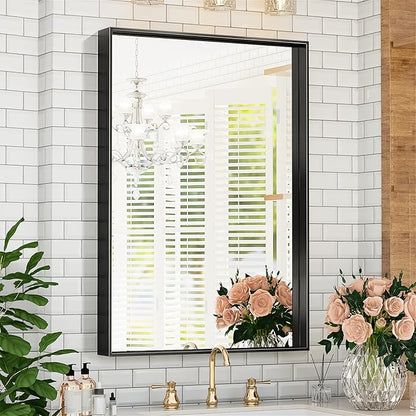 Suidia Bathroom Mirror, 30" x 22" Wall Mirror Metal Framed, Bathroom Vanity Mirror for Living Room Bedroom Bathroom Entryway, Black, Rect Corner Style