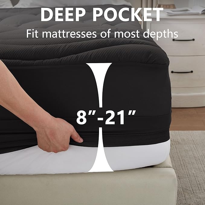 Full Size Mattress Pad Waterproof, Cooling Mattress Topper for Double Bed, Pillow Top Quilted Fitted Mattress Protector Cover with 8-21" Deep Pocket (54x75 inch, Black)