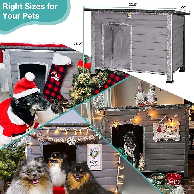 Indoor Outdoor Dog House,Anti-Chewing Iron Frame Dog Kennel,Wood Warm Pets Home,Weatherproof Outside Shelter for Feral Animal 33.5" (L) X 22" (W) X 25.2" (H) Grey-Mewly Pet