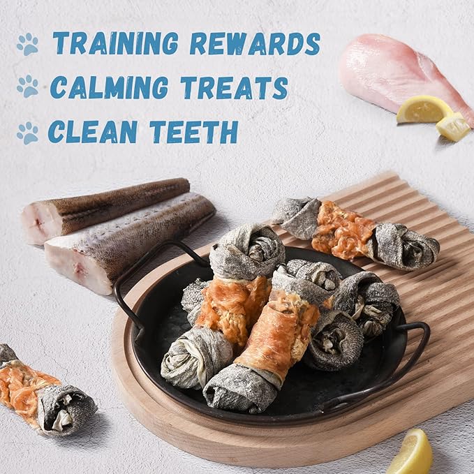 Dog Treats Chicken Wrapped Cod Skin Knotted Bones-6.5", All-Natural Healthy Fish Skin Dog Chew Treats, Rich in Omega-3 Protein, 4 Counts, 10.6 OZ-Mewly Pet