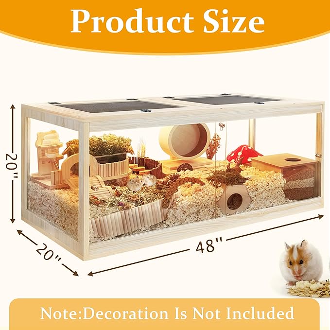 Prolee Hamster Cage with Lock Design,Large Hamster Enclosure with Openable Metal Mesh Top,Wooden Chewproof Gerbil Cage for Hedgehog Mouse Gerbil (48"x20"x20")-Mewly Pet