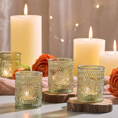 30 Pack Clear Glass Votive Candle Holders, Vintage Candle Holder Bulk, Tealight Candle Holders for Table Centerpieces, Home, Bridal Shower, Birthday, Christmas, Thanksgiving Party Table Decor (Green)