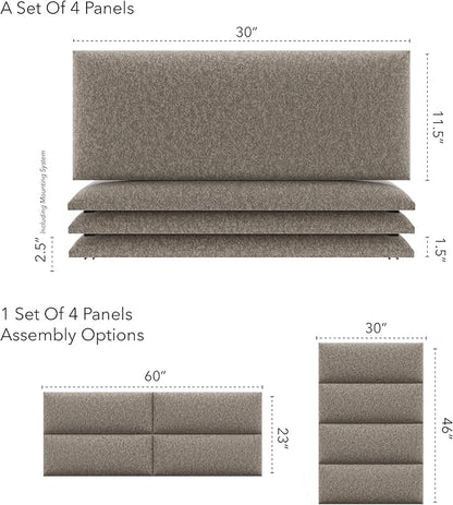 Vänt Upholstered Wall Panels - Queen/Full Size Wall Mounted Headboards - Faux Merino Wool Brown - Set of 4 Panels (Each Individual Panel 30"x11.5")